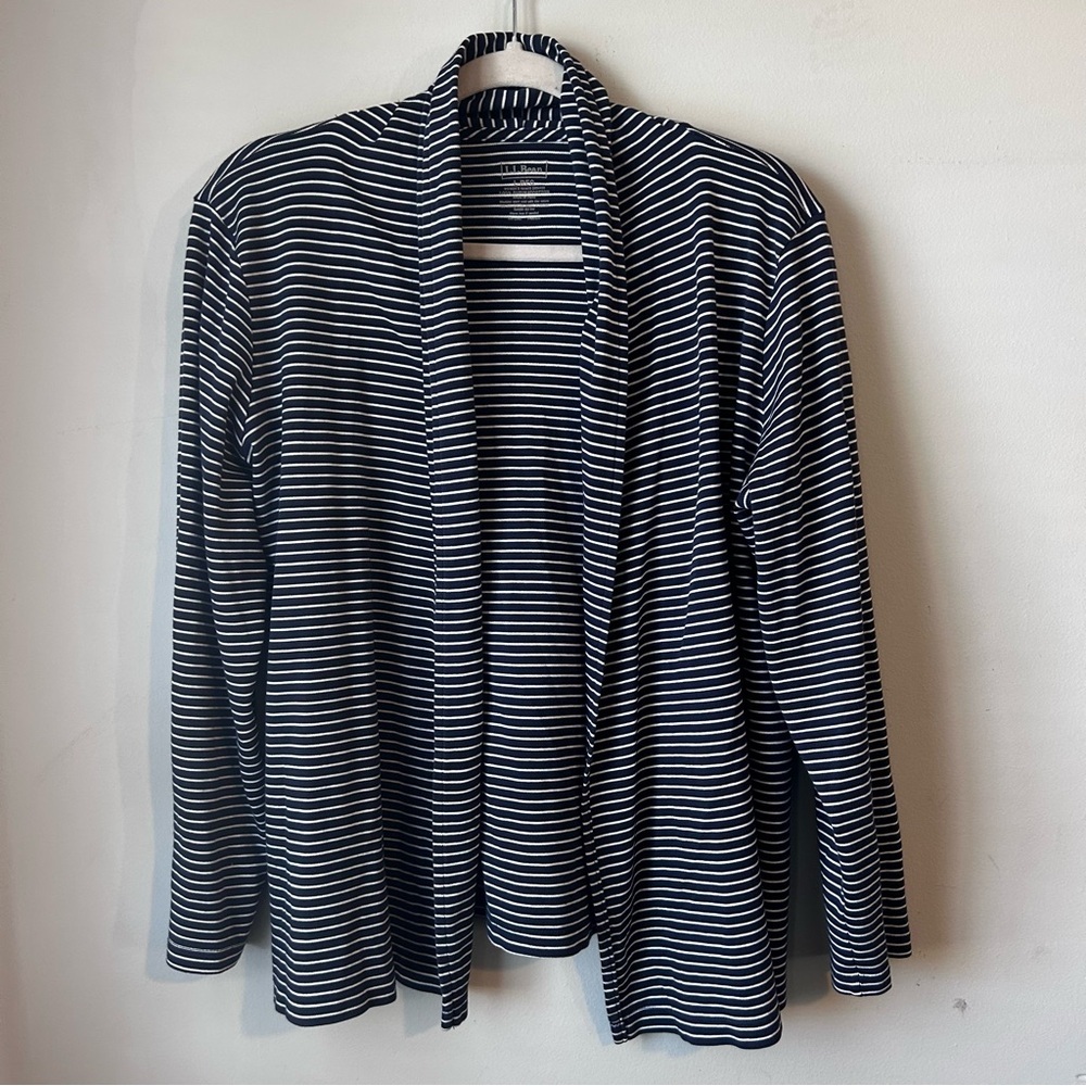 L.L. Bean 100% Supima Cotton Navy/White Striped Open Front Cardigan Sweater Sz L